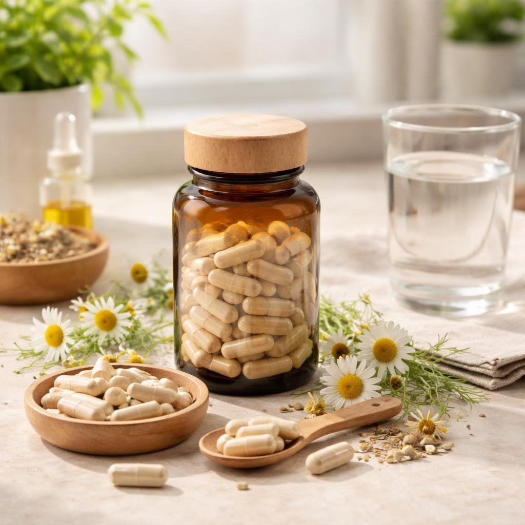 Chamomile herbal supplements for calm and sleep support