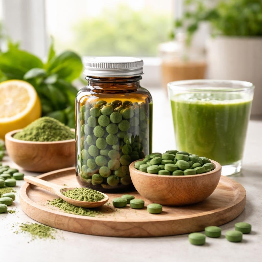 Chlorella tablets and powder supplements on white background
