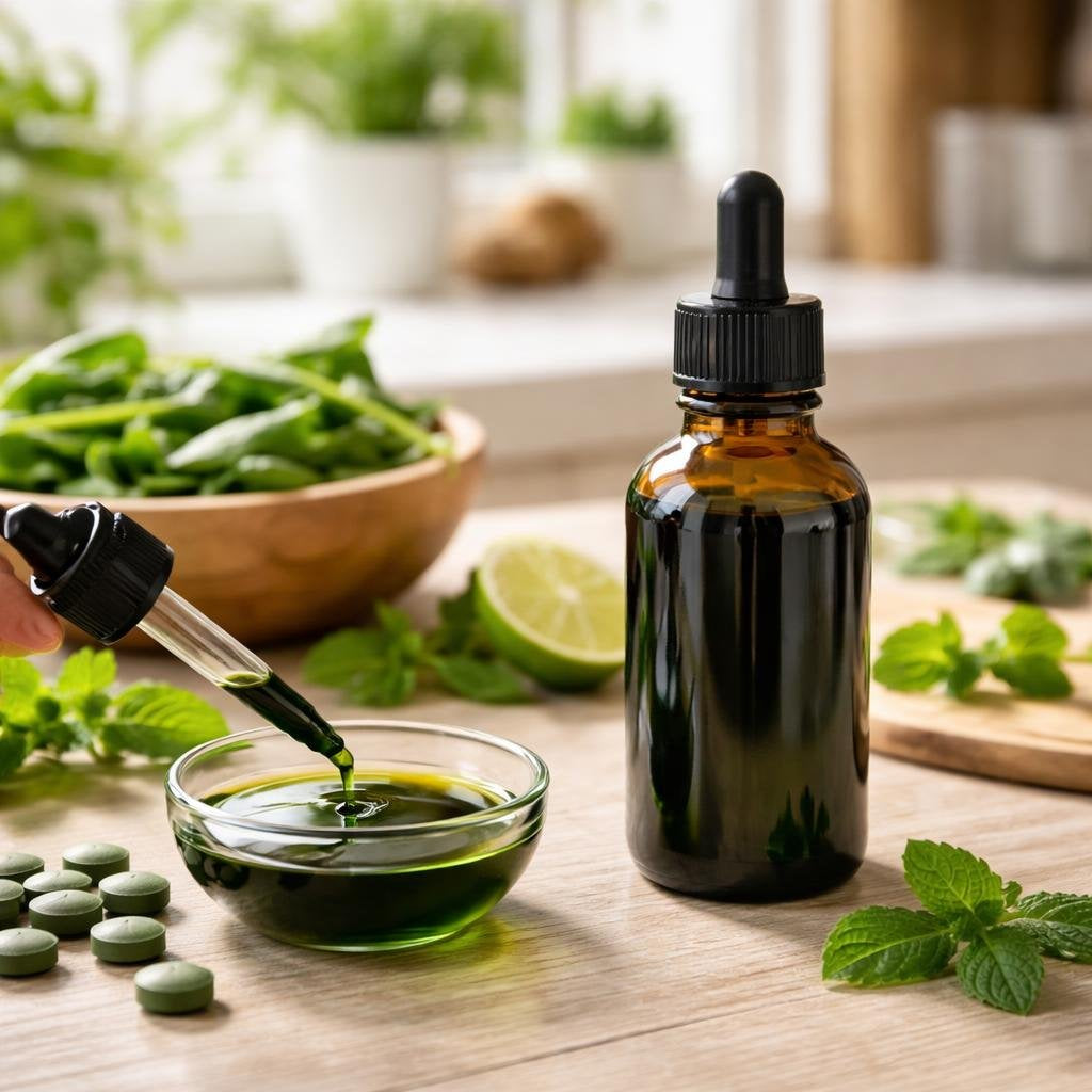 Chlorophyll herbal supplements in liquid and capsule forms