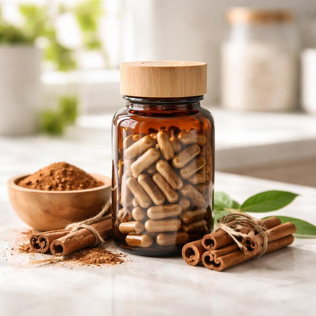 Cinnamon herbal supplement bottles with clear labels