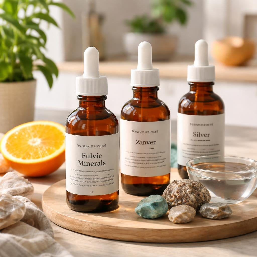Colloidal mineral liquid bottles with trace mineral blend labels