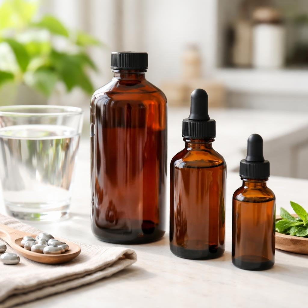 Colloidal silver mineral supplements in liquid bottles