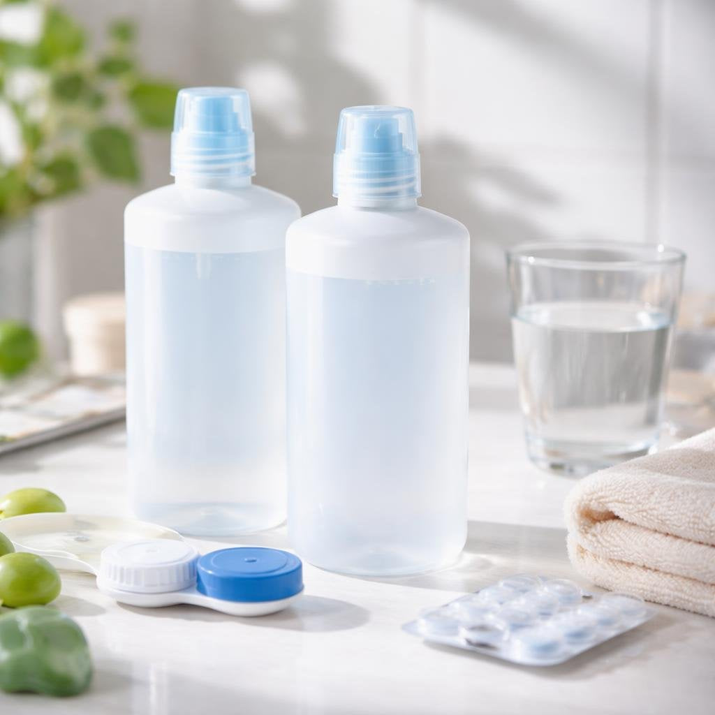Soaking solution bottles beside a contact lens case