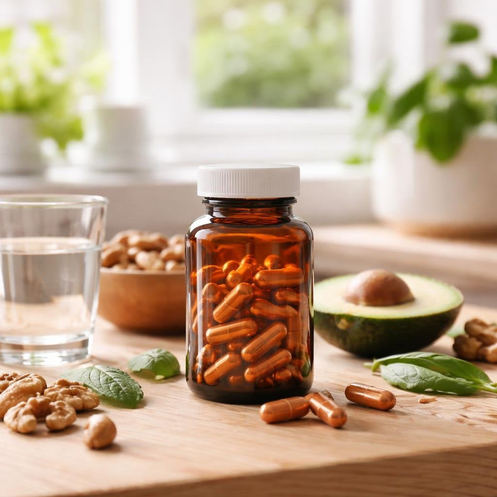Copper mineral supplement bottles with labelled dosage information