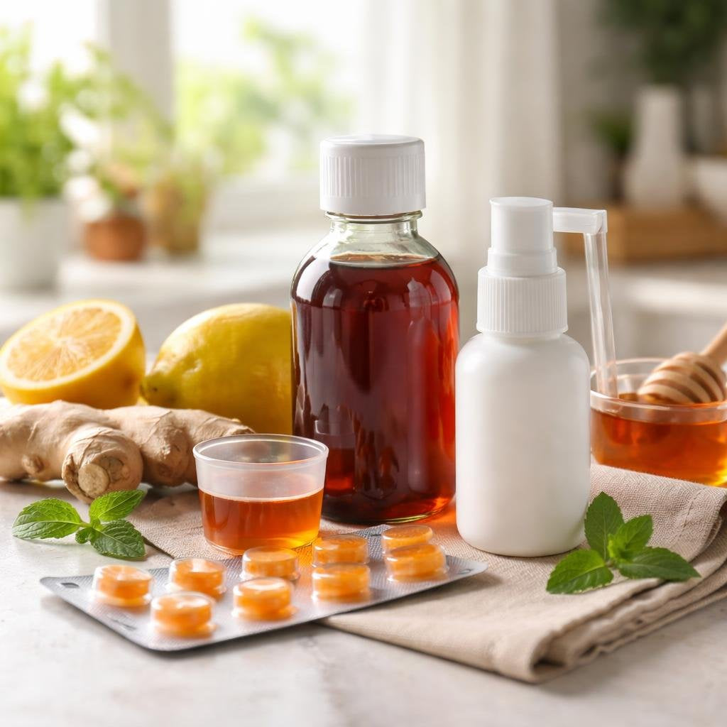 Cough and sore throat medicine with drops and syrups