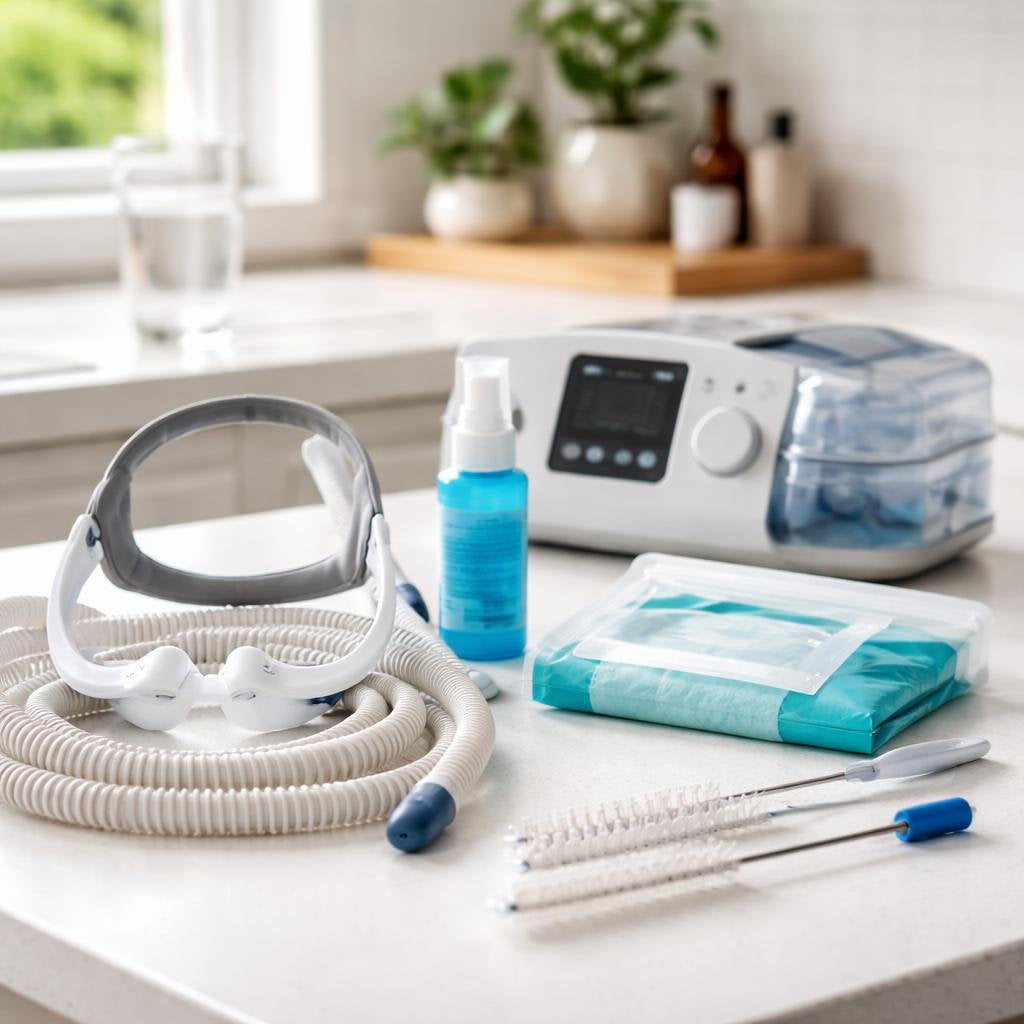 CPAP accessories including cushions, hoses, filters, and headgear