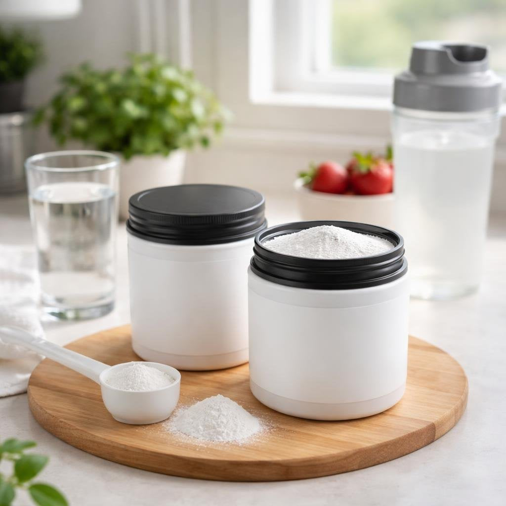 Creatine monohydrate powder and capsules for strength training
