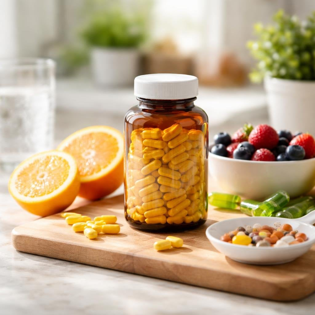 Assorted daily multivitamin bottles with tablets and gummies