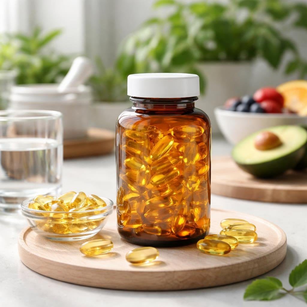 DHA omega-3 softgels and algae capsules on display