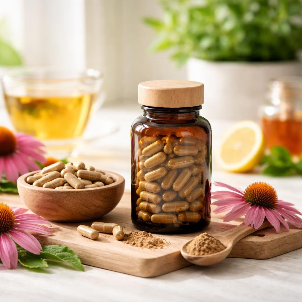Echinacea capsules and tincture bottles for wellness support