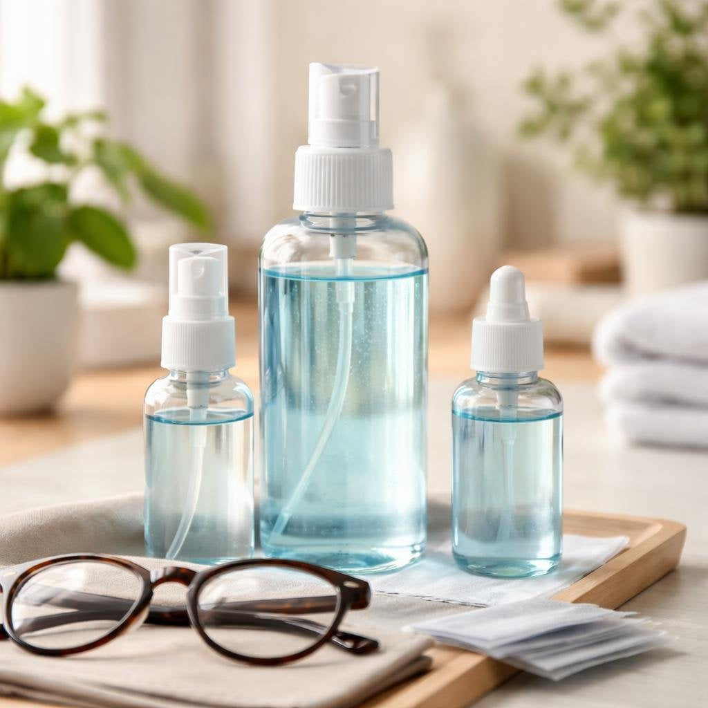 Eyeglass cleaning spray beside a microfiber cloth