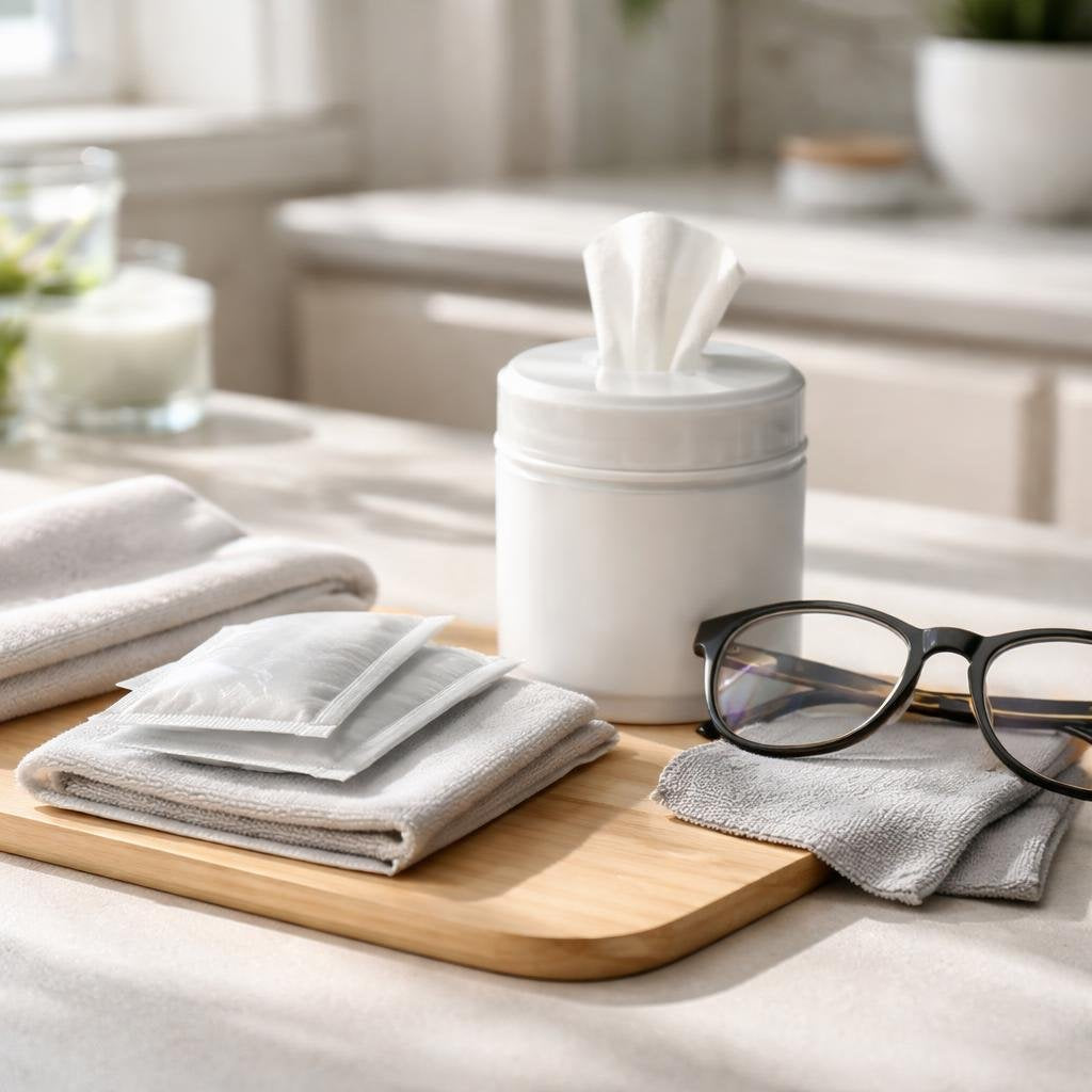 Eyeglass lens wipes with microfiber cloth for cleaning