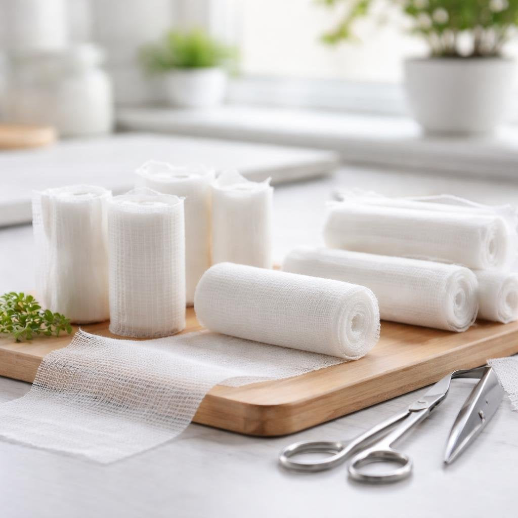 First aid gauze pads and rolled gauze supplies