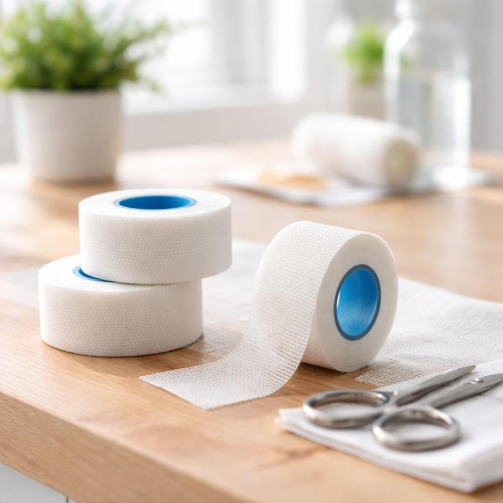 First aid tape roll securing a gauze dressing