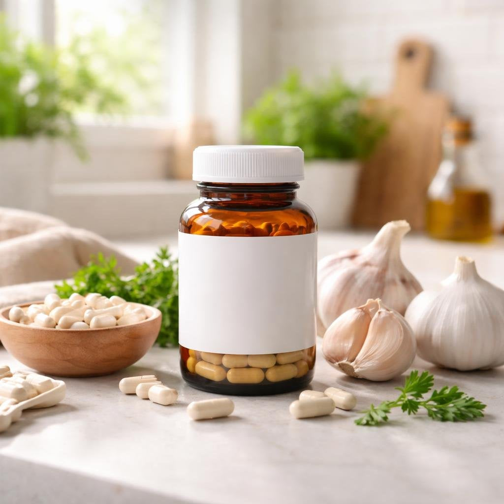 Garlic herbal supplement capsules and aged garlic extract