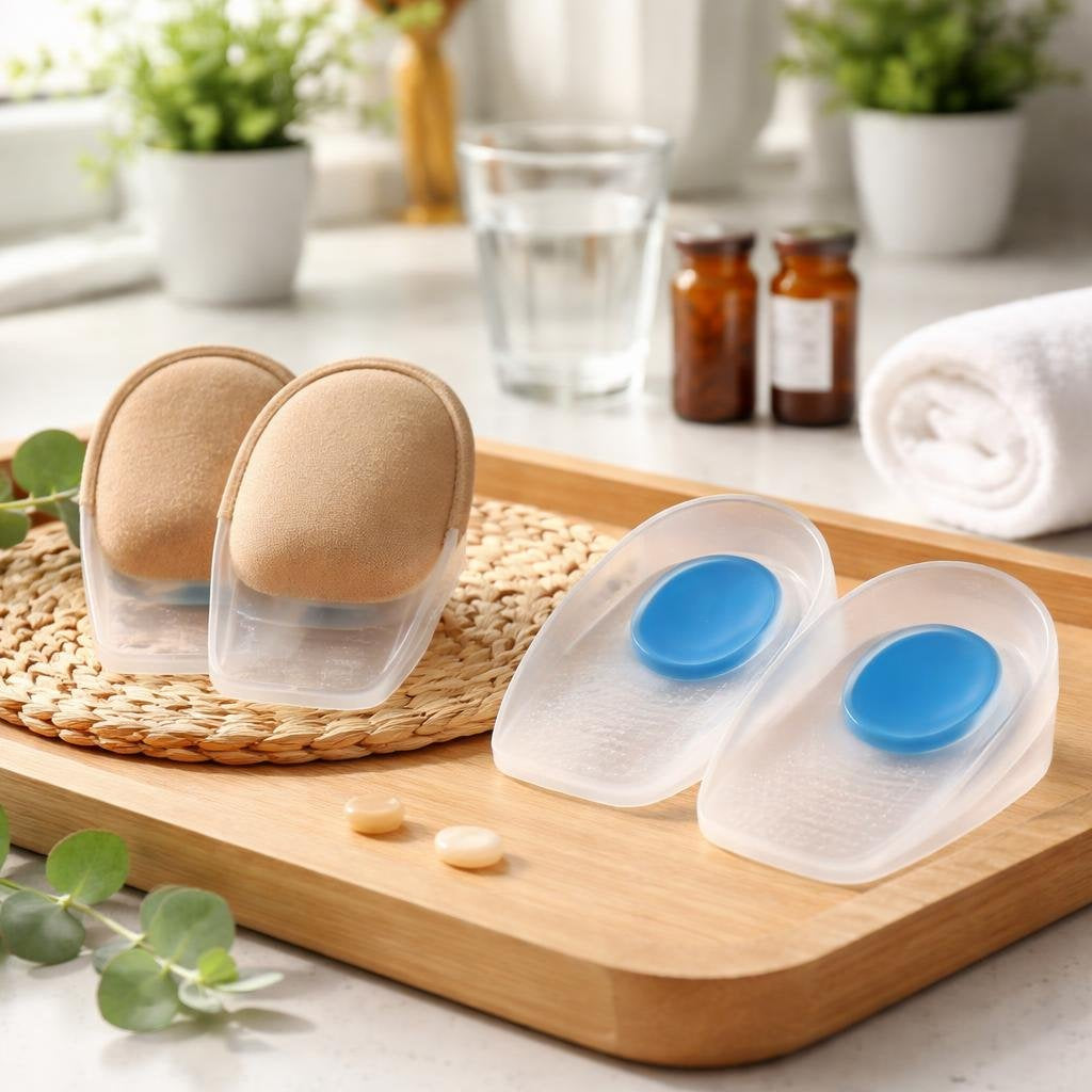 Heel cups and gel cushions for comfortable daily steps