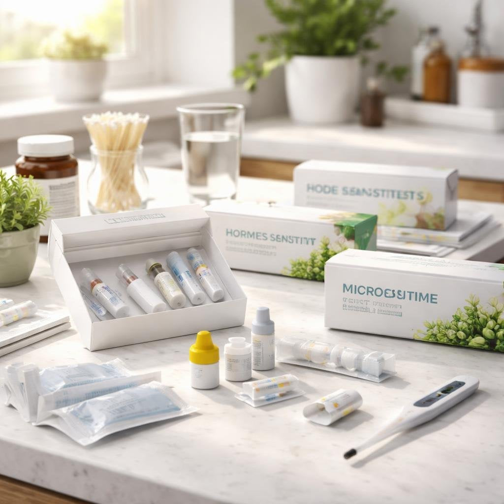 Variety of home medical test kits arranged neatly