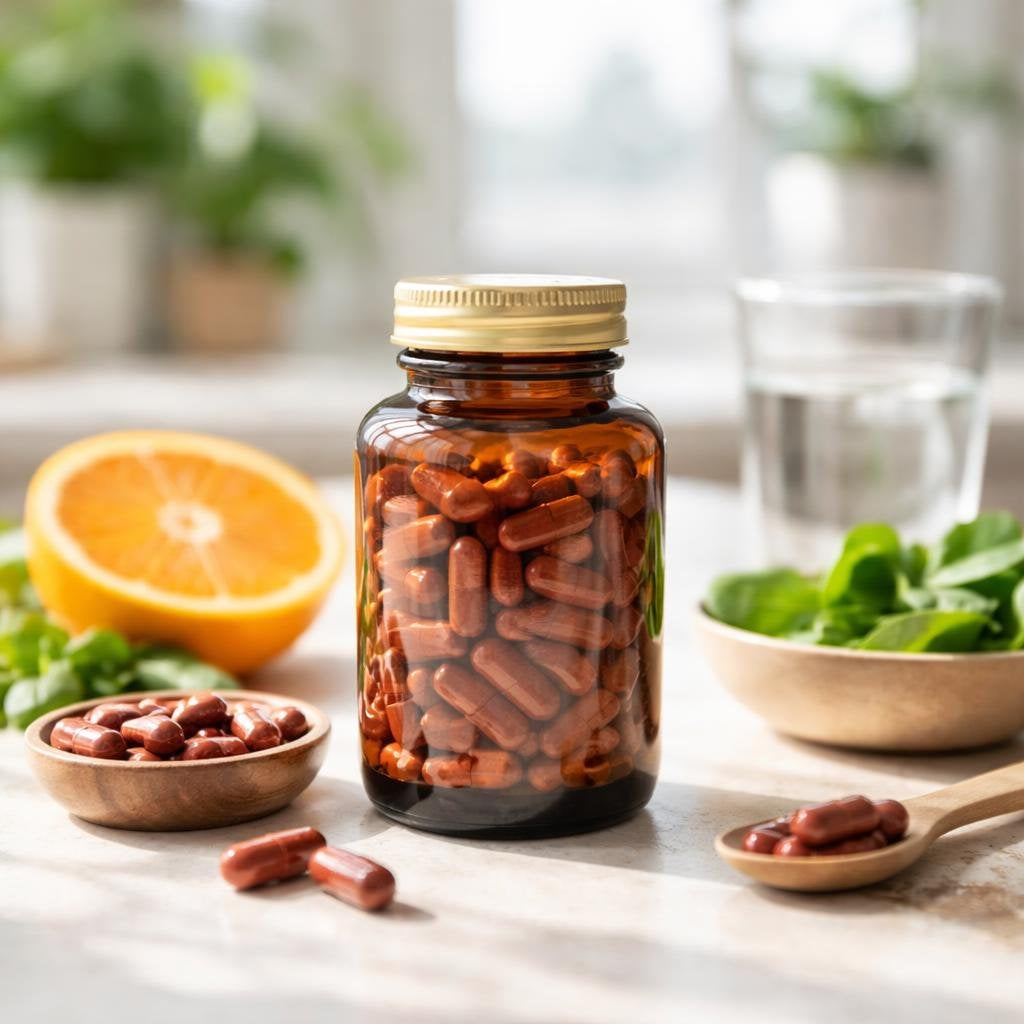 Iron mineral supplement capsules and tablets assortment