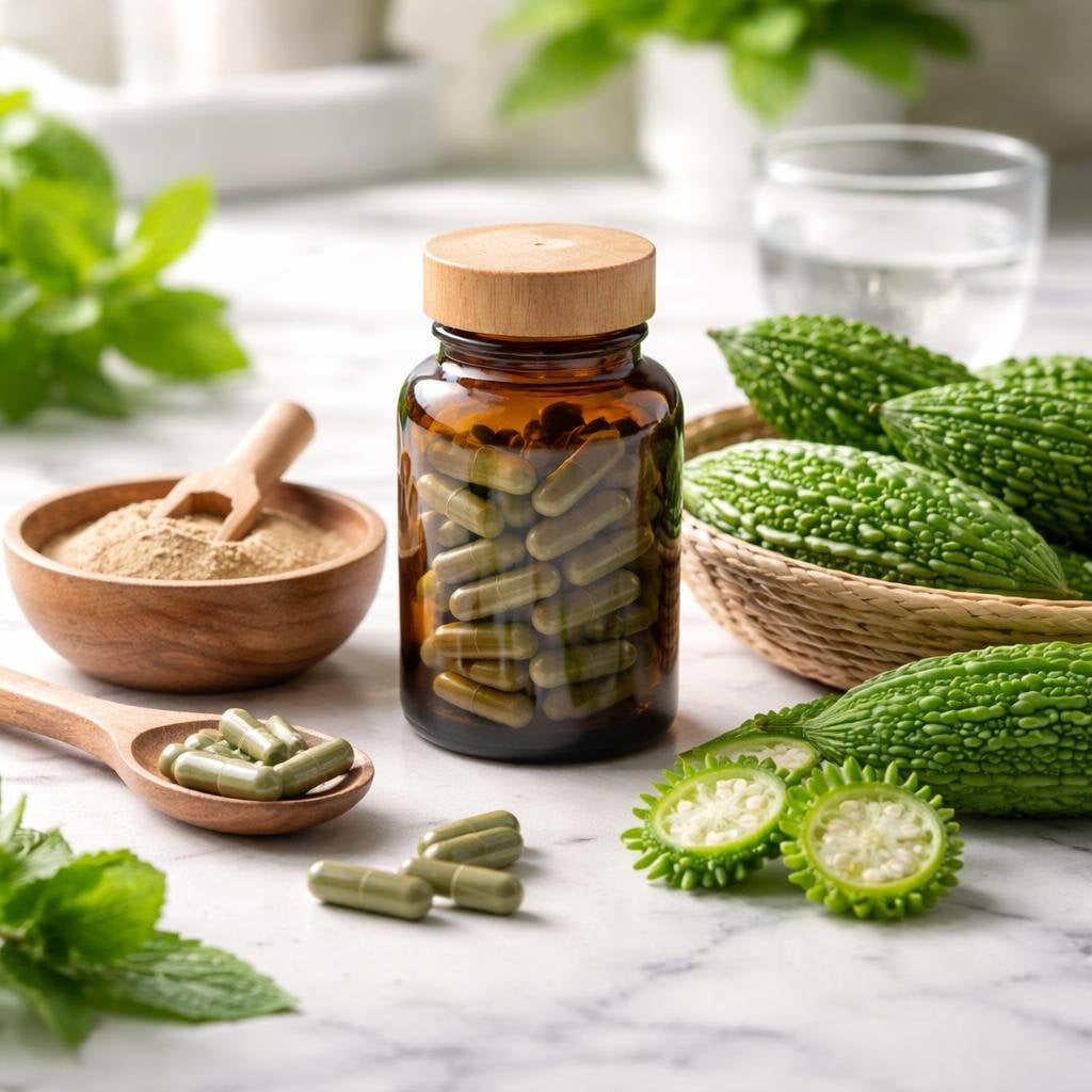Karela bitter melon supplements in capsules and tablets
