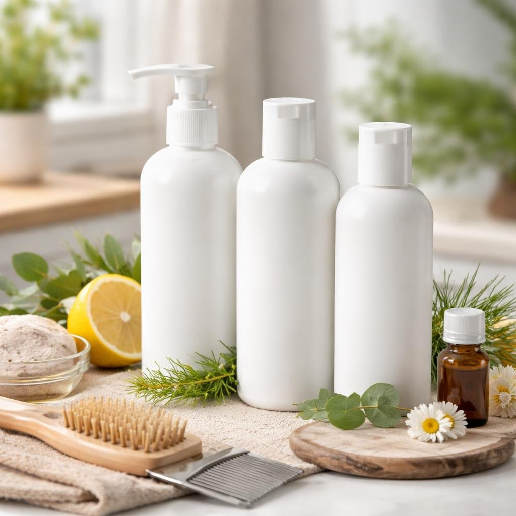 Lice shampoo and rinse bottles for household hair care