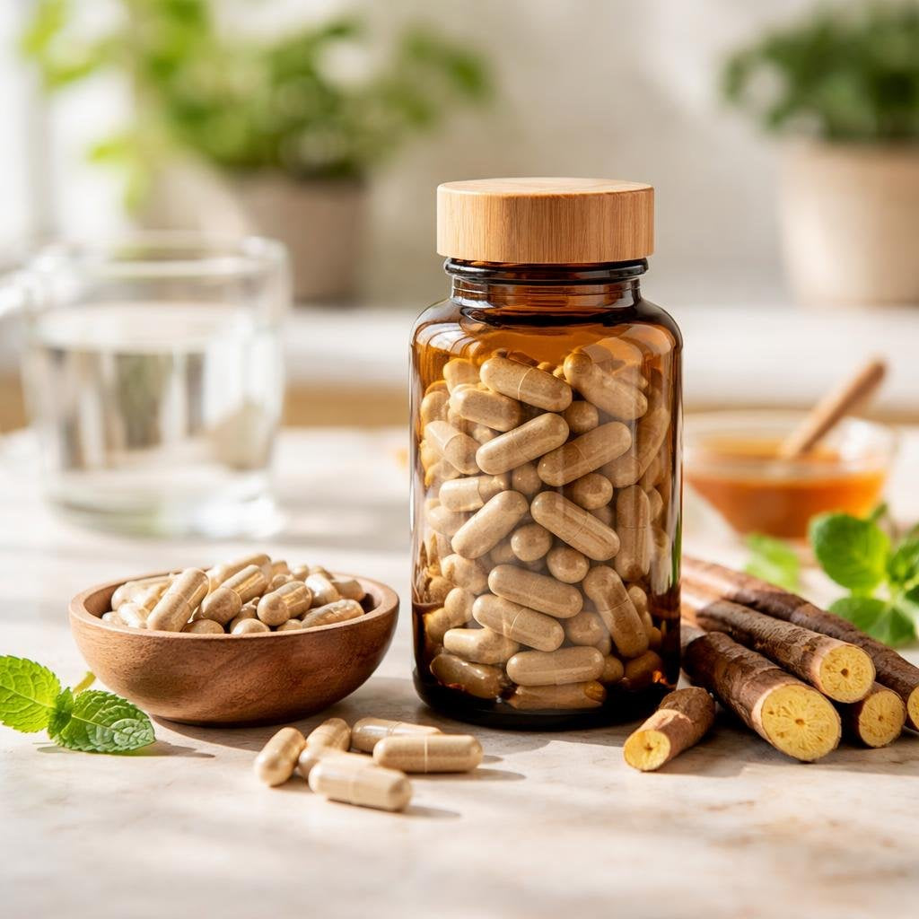 Licorice root supplement bottles and capsules on shelf