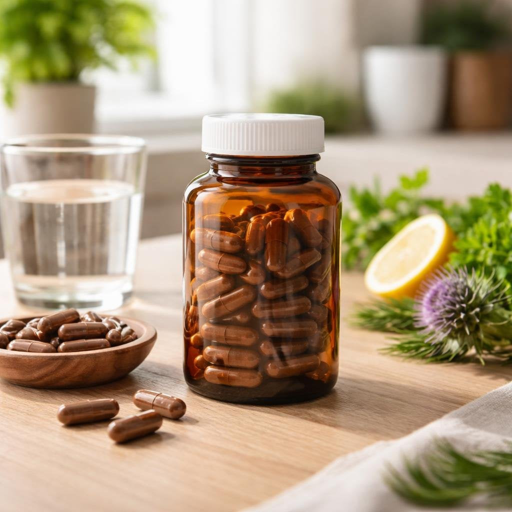 Liver extract supplement capsules on a clean background