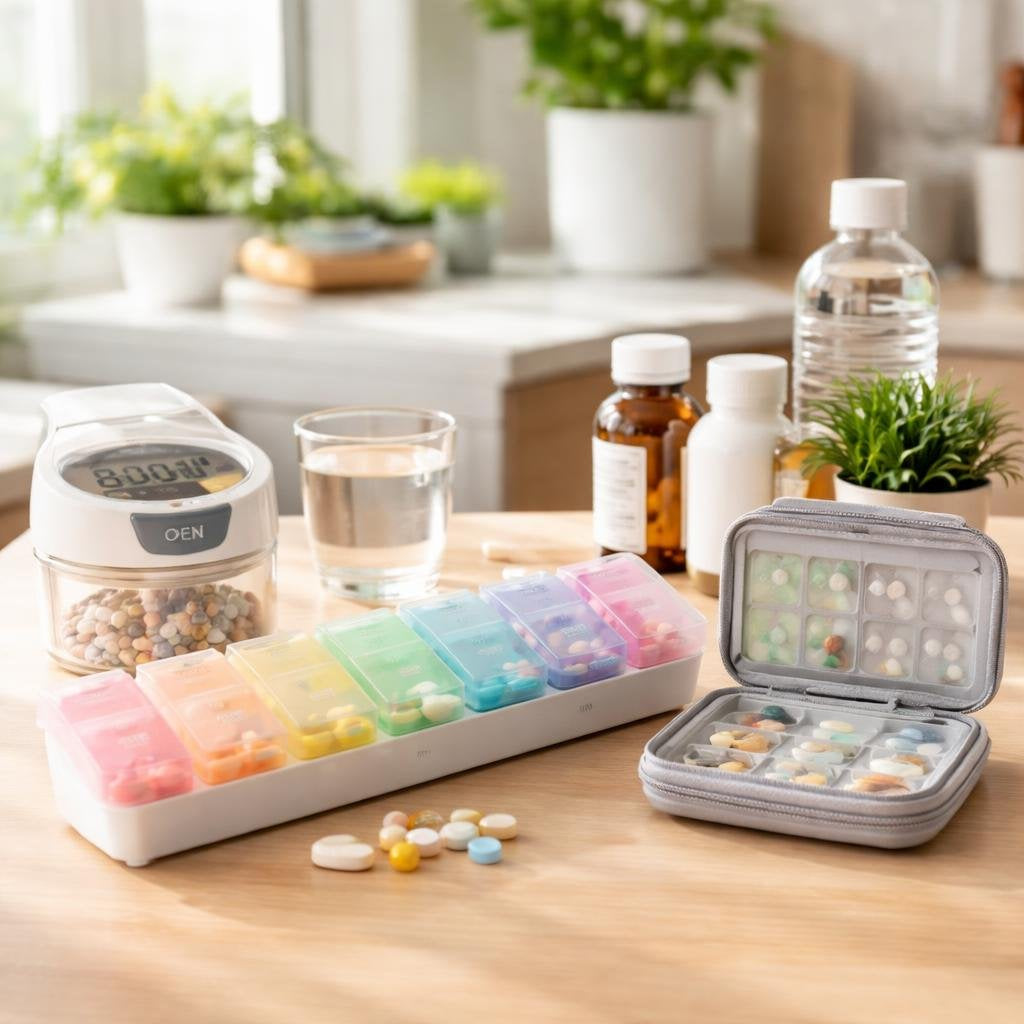 Weekly pill organizer with cutter and travel case