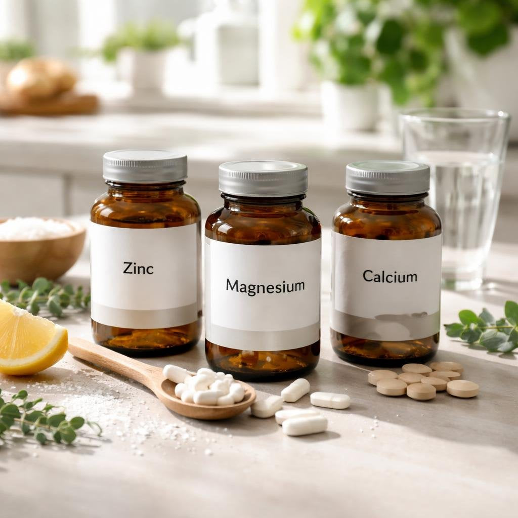 Assorted mineral supplement bottles arranged on a clean shelf