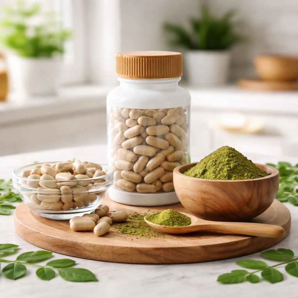 Moringa herbal supplement capsules with clean label bottles