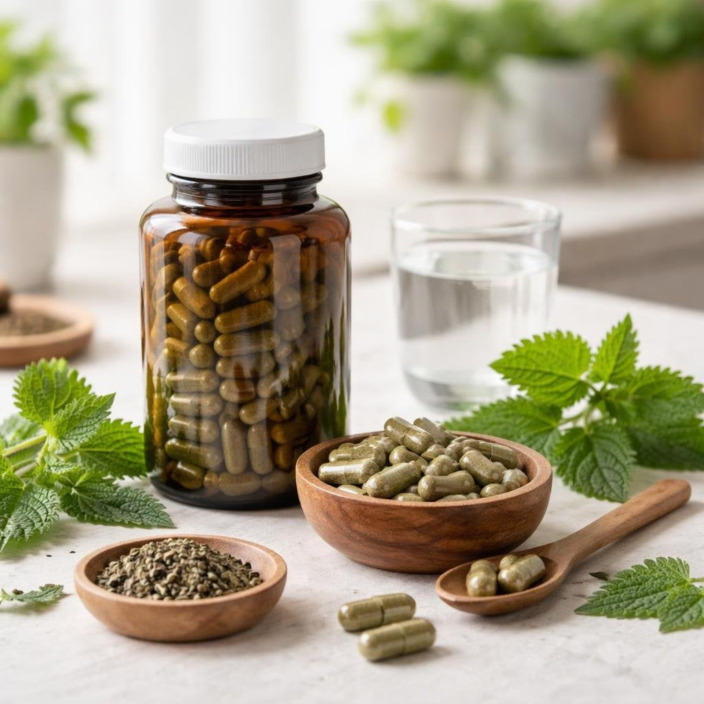 Stinging nettle supplements with capsules and dried leaf