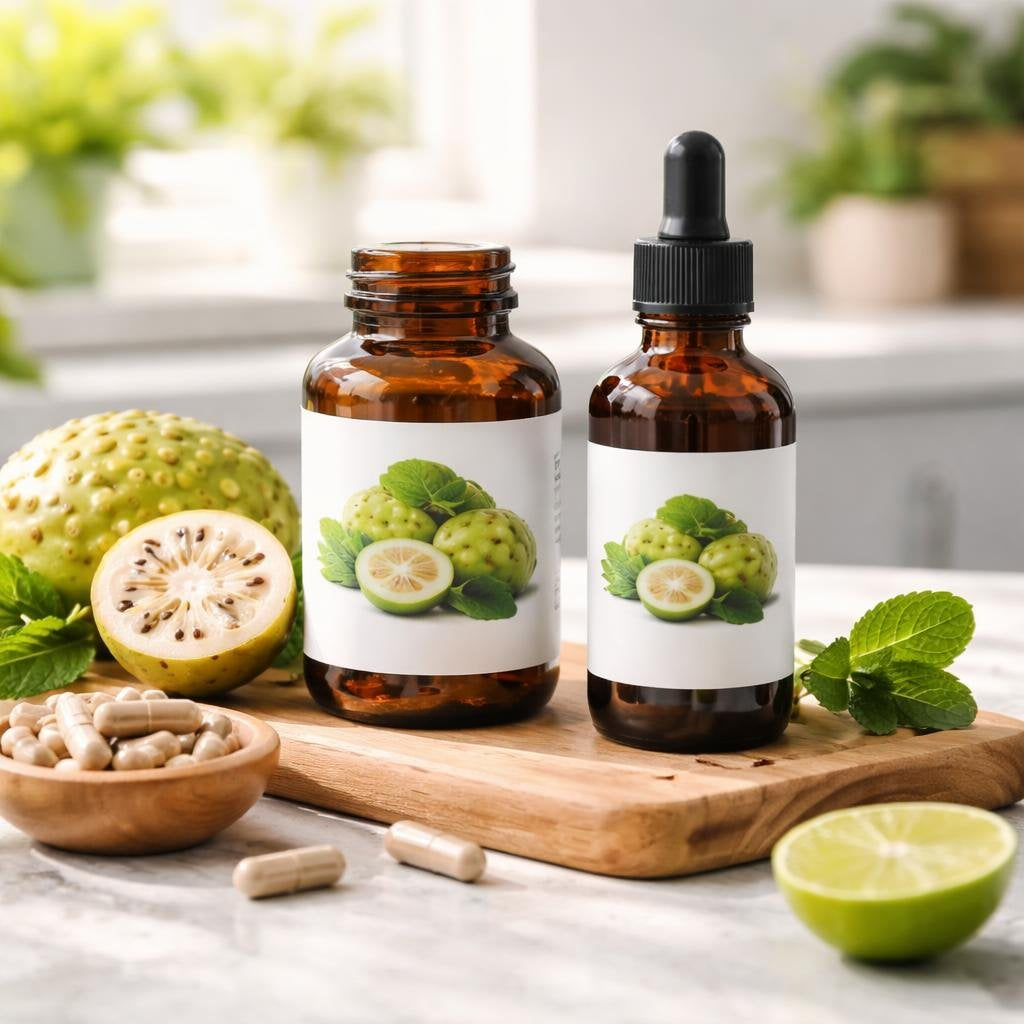 Noni herbal supplements capsules and liquid bottles