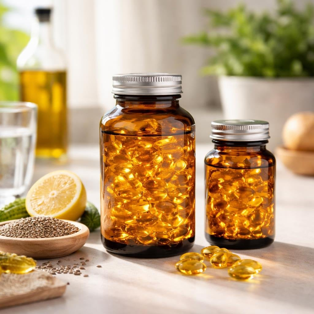 Omega-3 fish oil and flax oil softgels