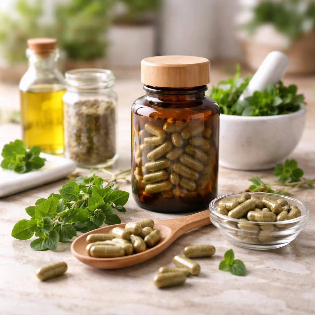 Oregano herbal supplement capsules and oregano oil bottles