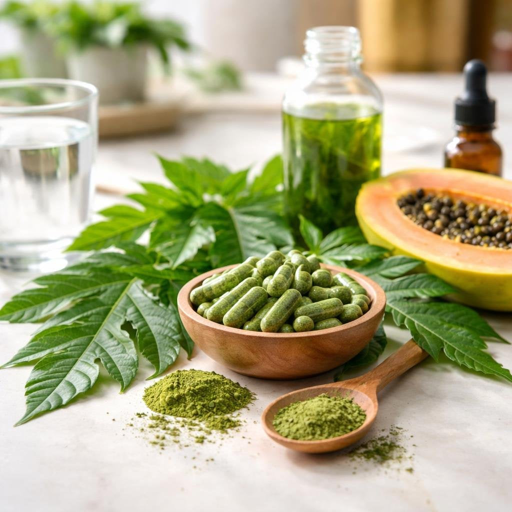 Papaya leaf extract supplements in capsules and drops