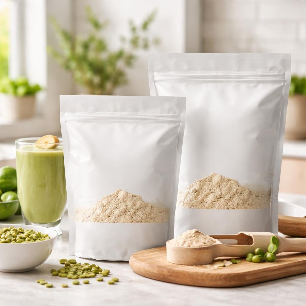 Pea protein powder scoop beside a shaker bottle