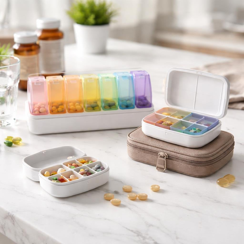 Portable weekly pill organizer with AM and PM compartments