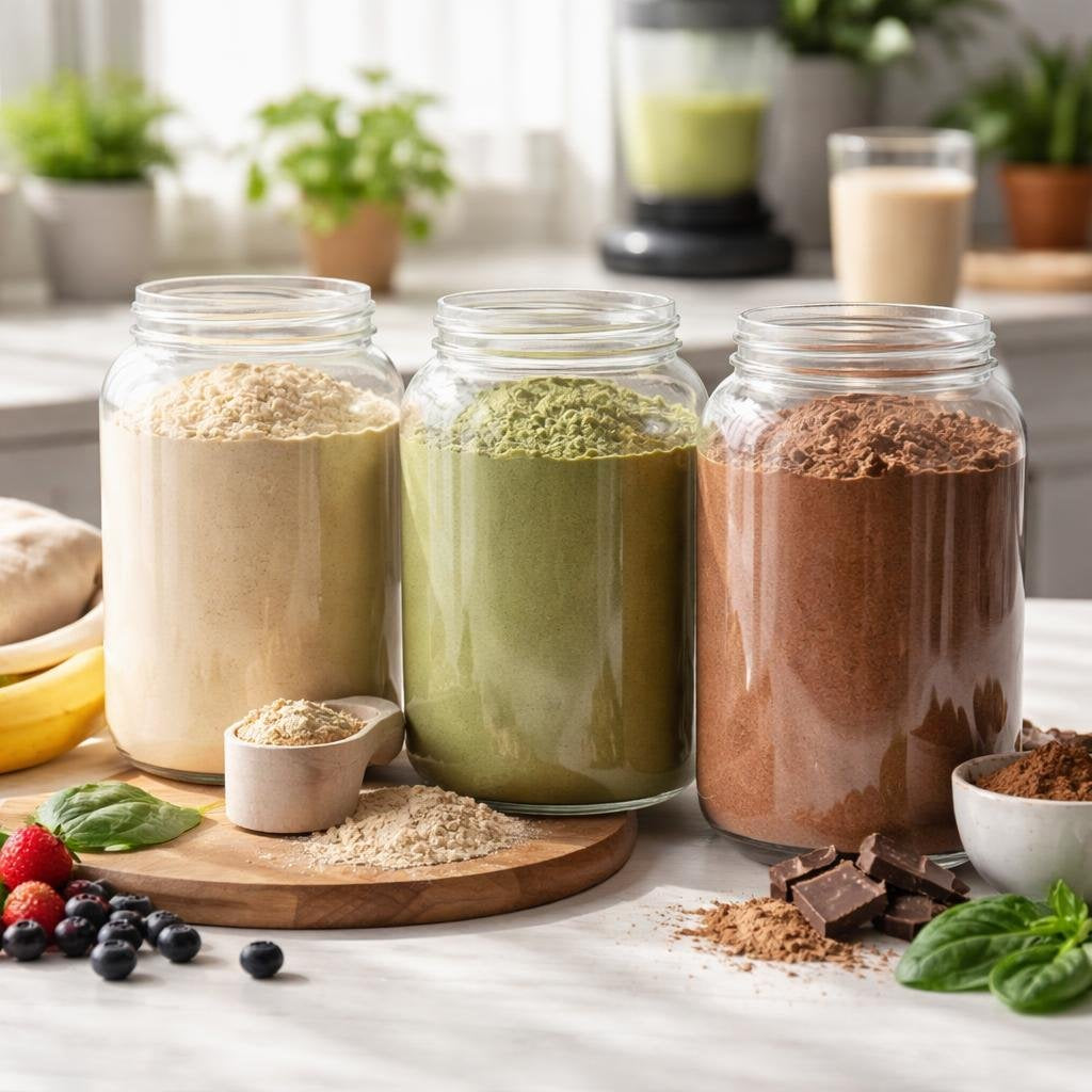 Plant protein powder tubs for daily sports nutrition shakes