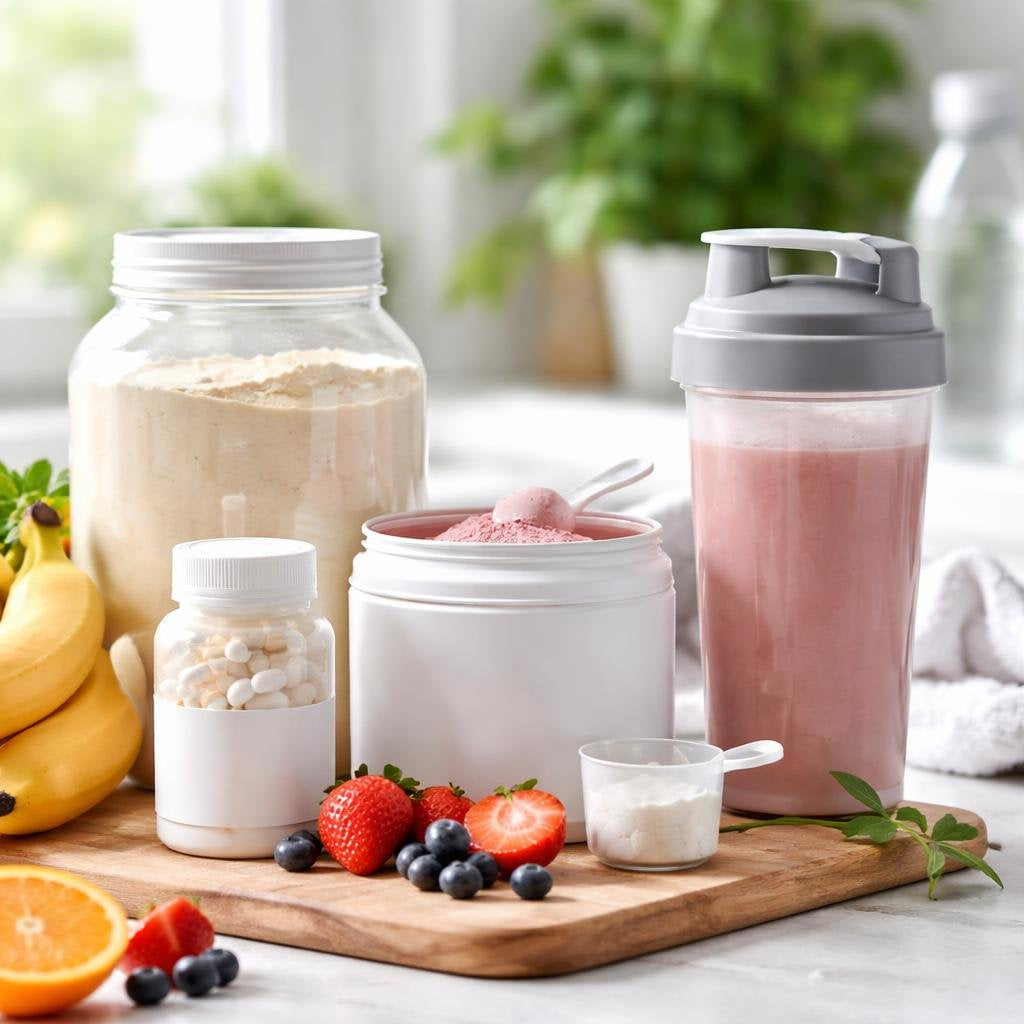Post-workout recovery supplements, bars, and drinks collection