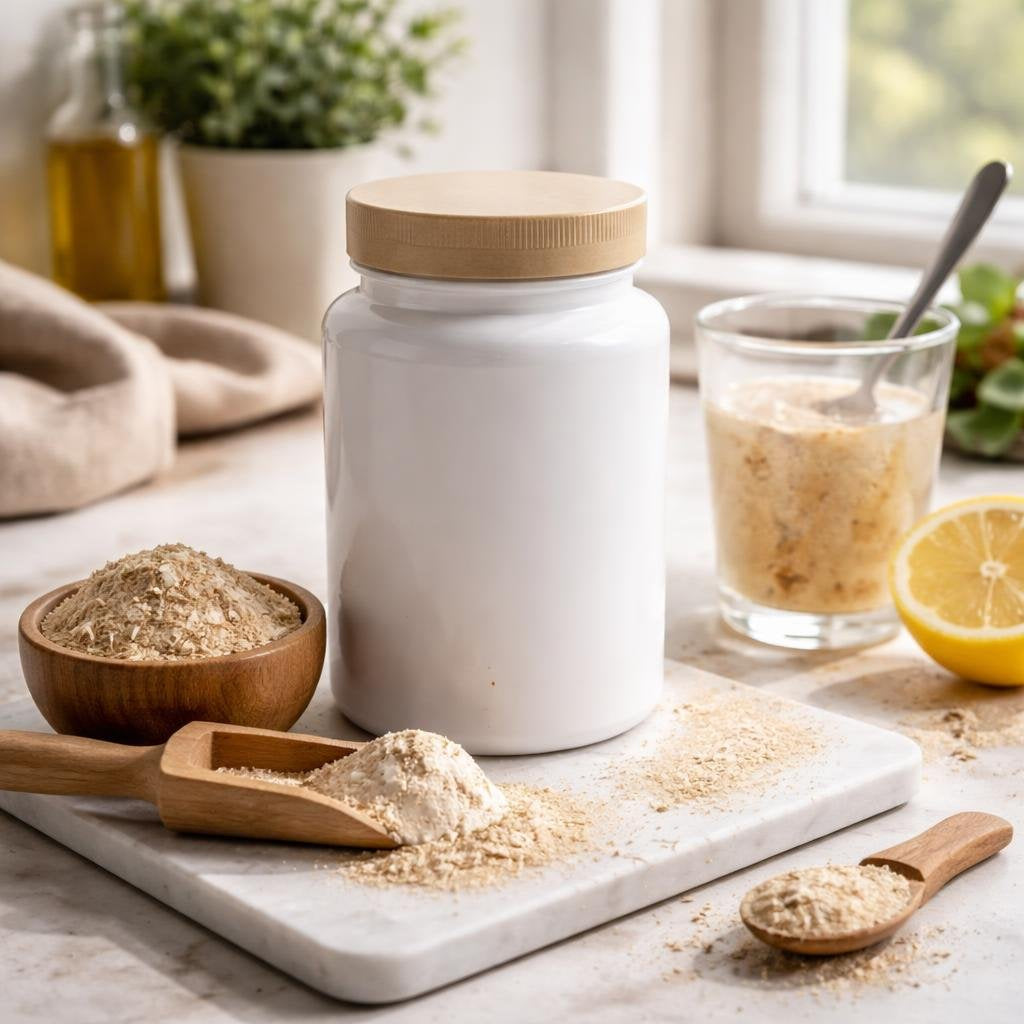 Psyllium husk fibre supplement powder in jar