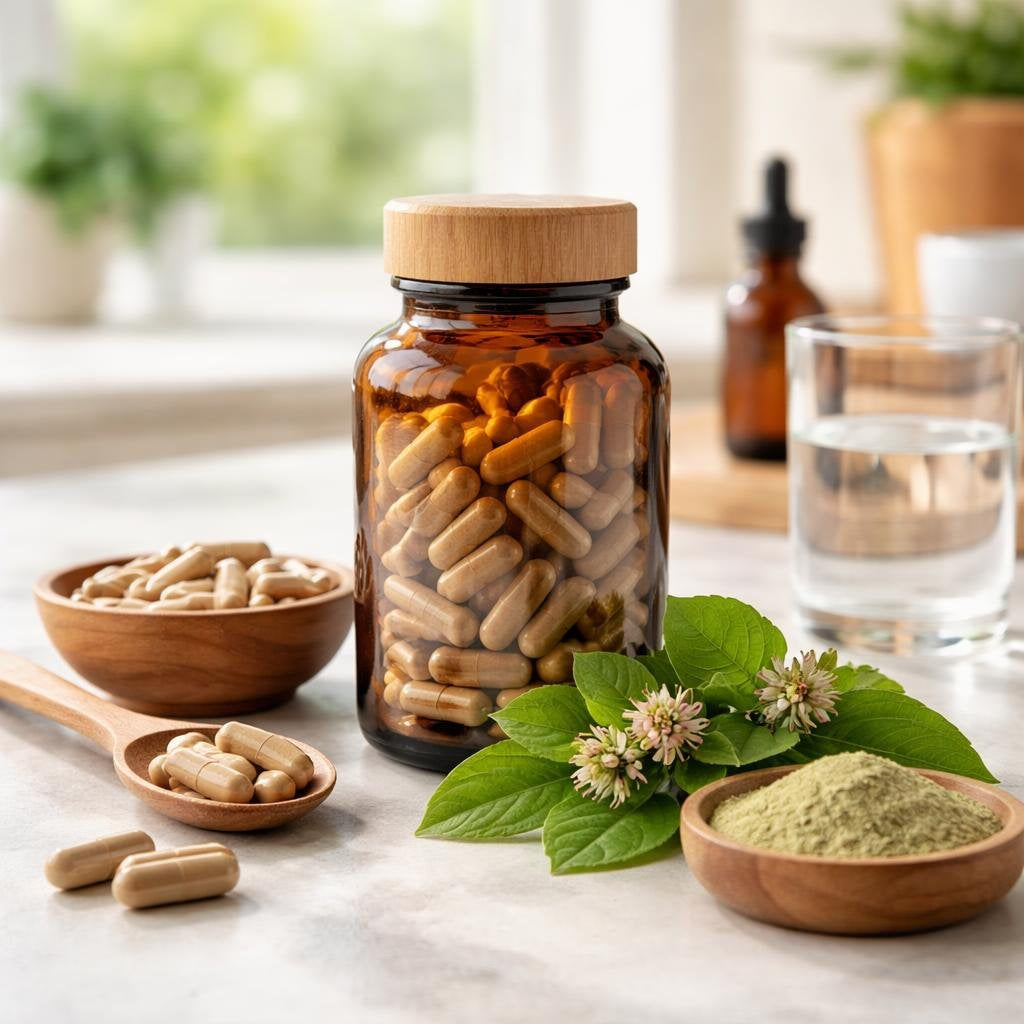 Punarnava supplement bottles and capsules on a clean background