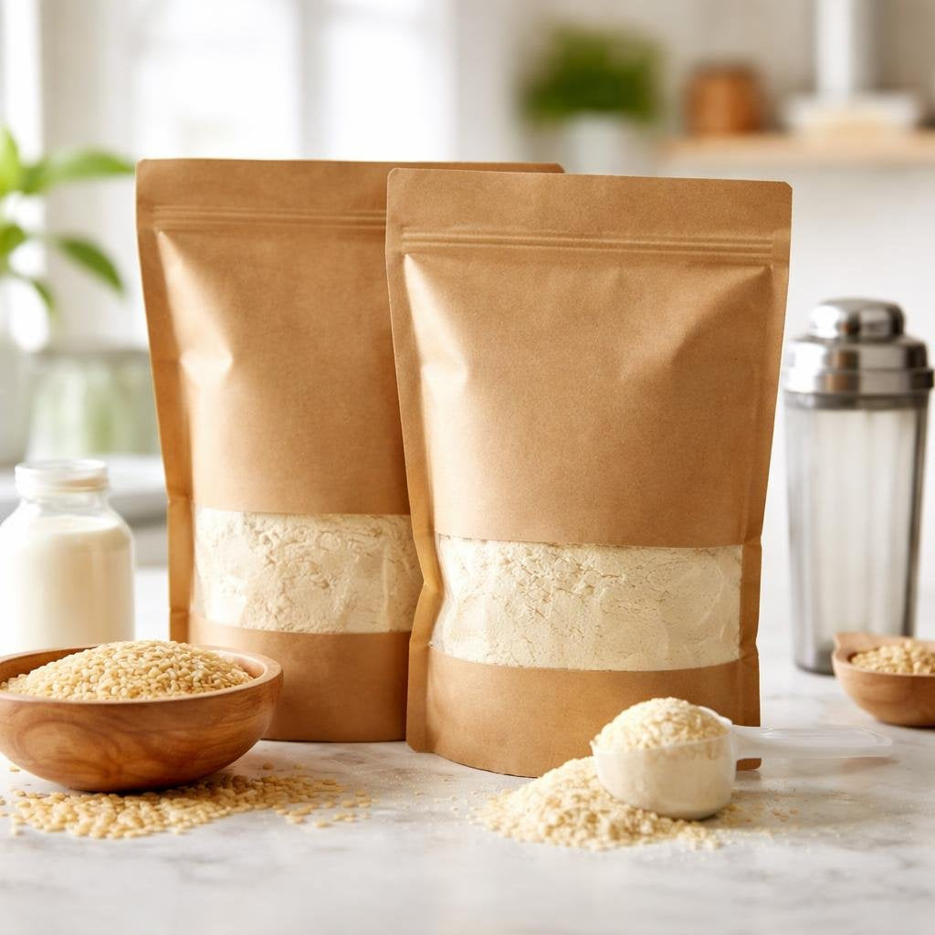 Rice protein powder scoop next to shaker bottle
