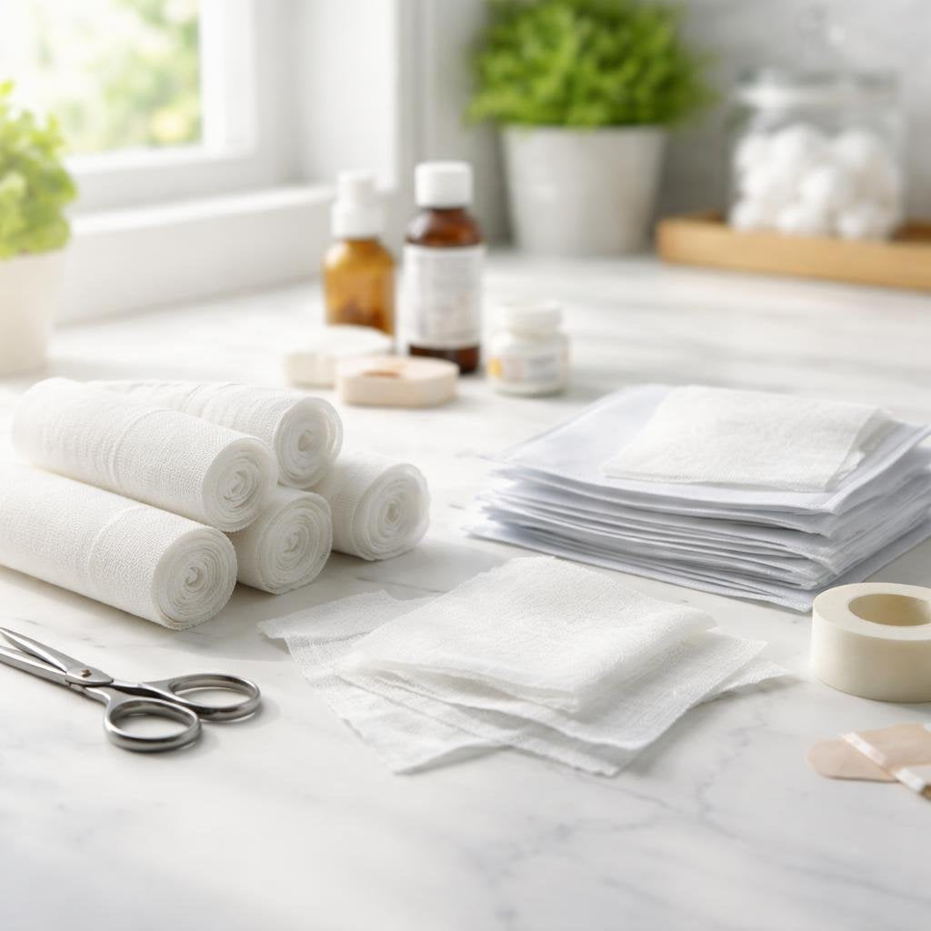 Sterile gauze pads and bandaging pads in multiple sizes