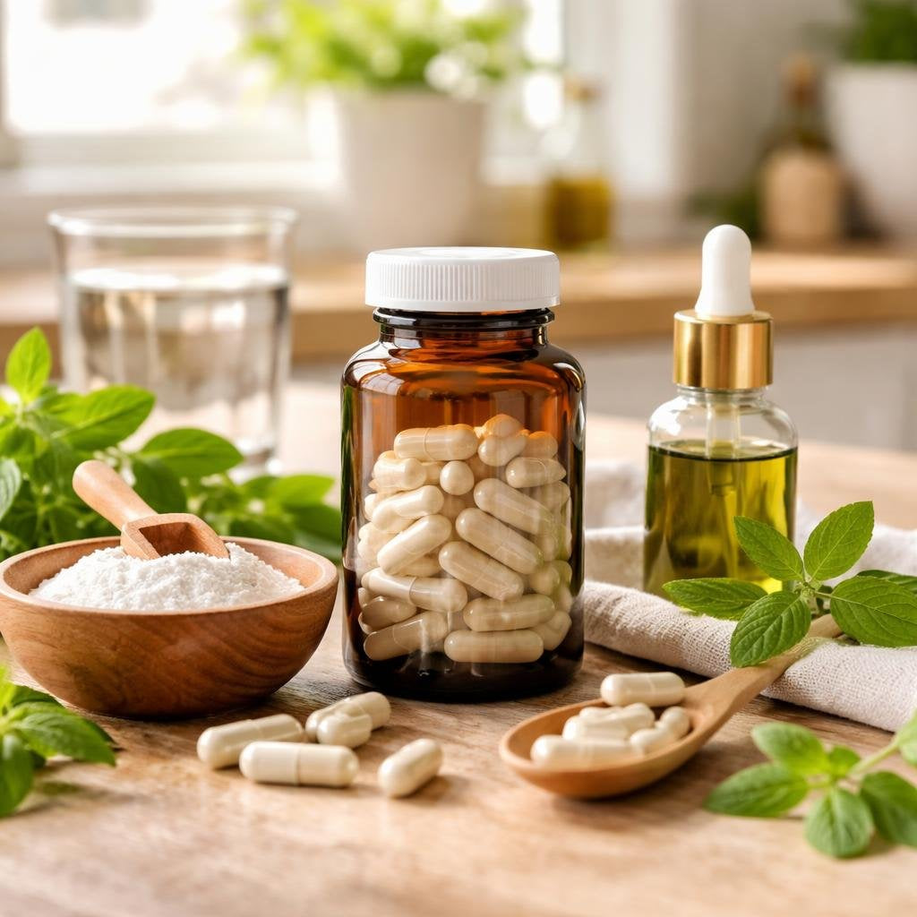 Stevia herbal supplement drops and powder on counter