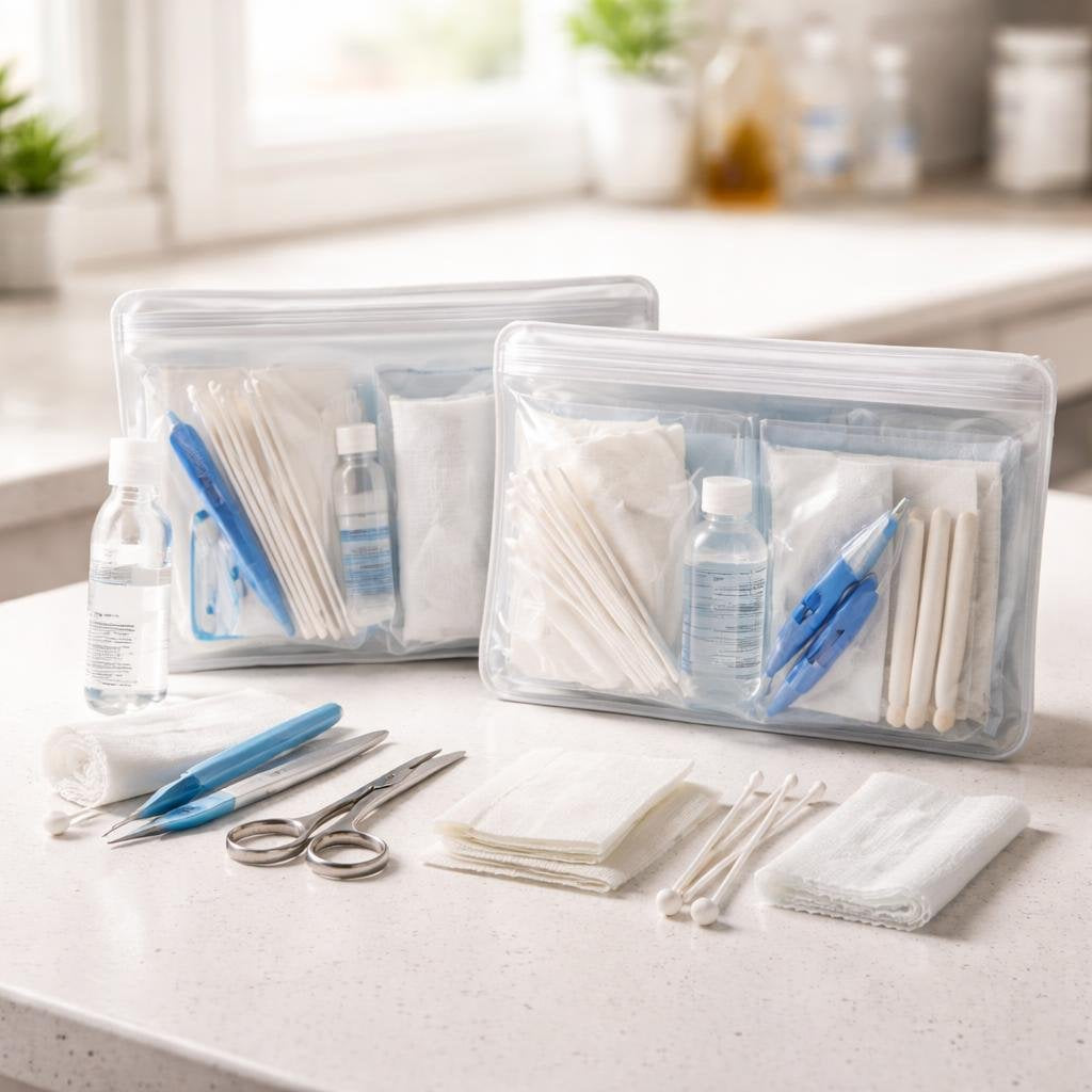 Tracheostomy care kit with gauze, ties, and swabs