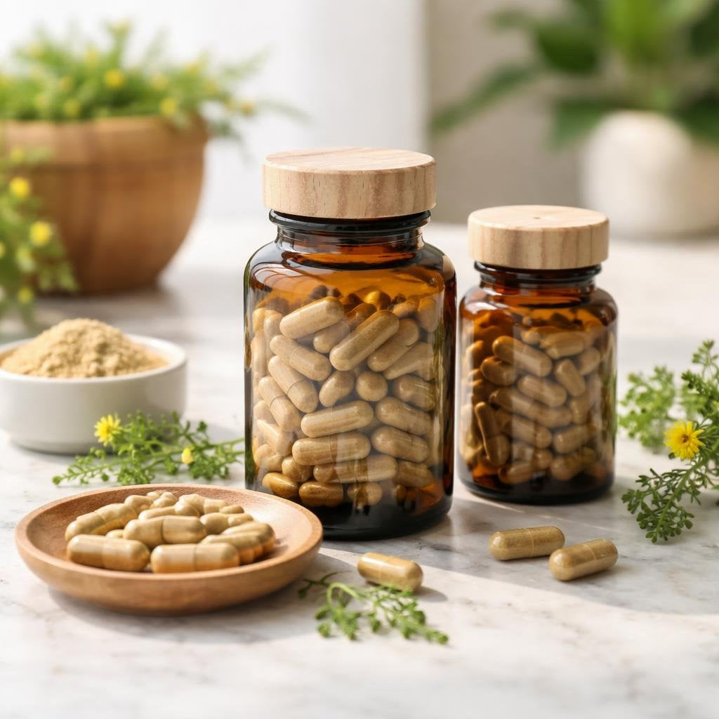 Tribulus terrestris supplements in capsule bottles on shelf