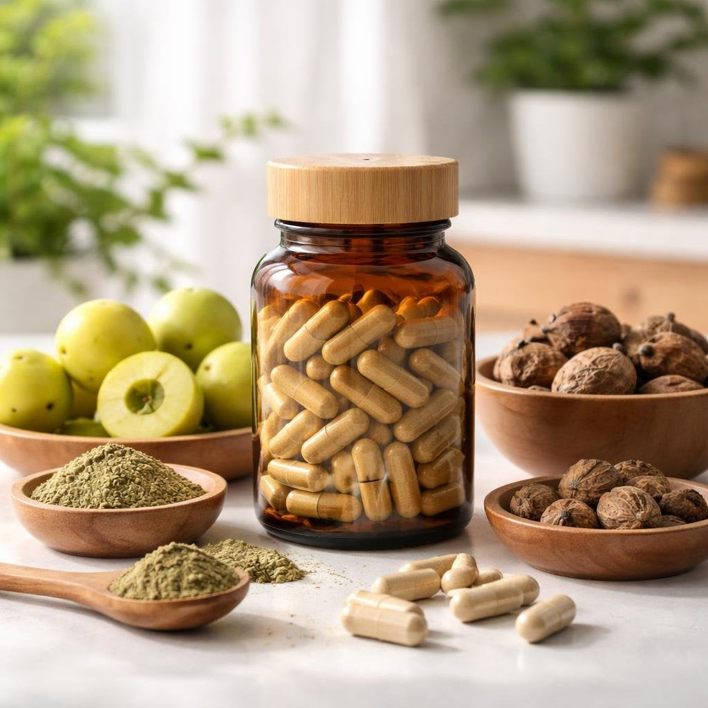 Triphala herbal capsules and powder for digestive wellness