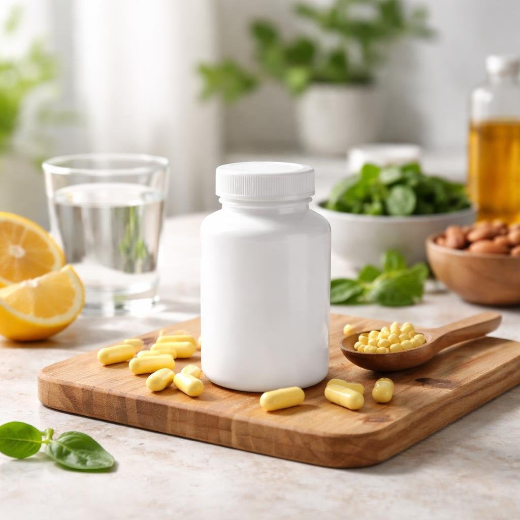 Vitamin B2 riboflavin capsules and bottle on white background