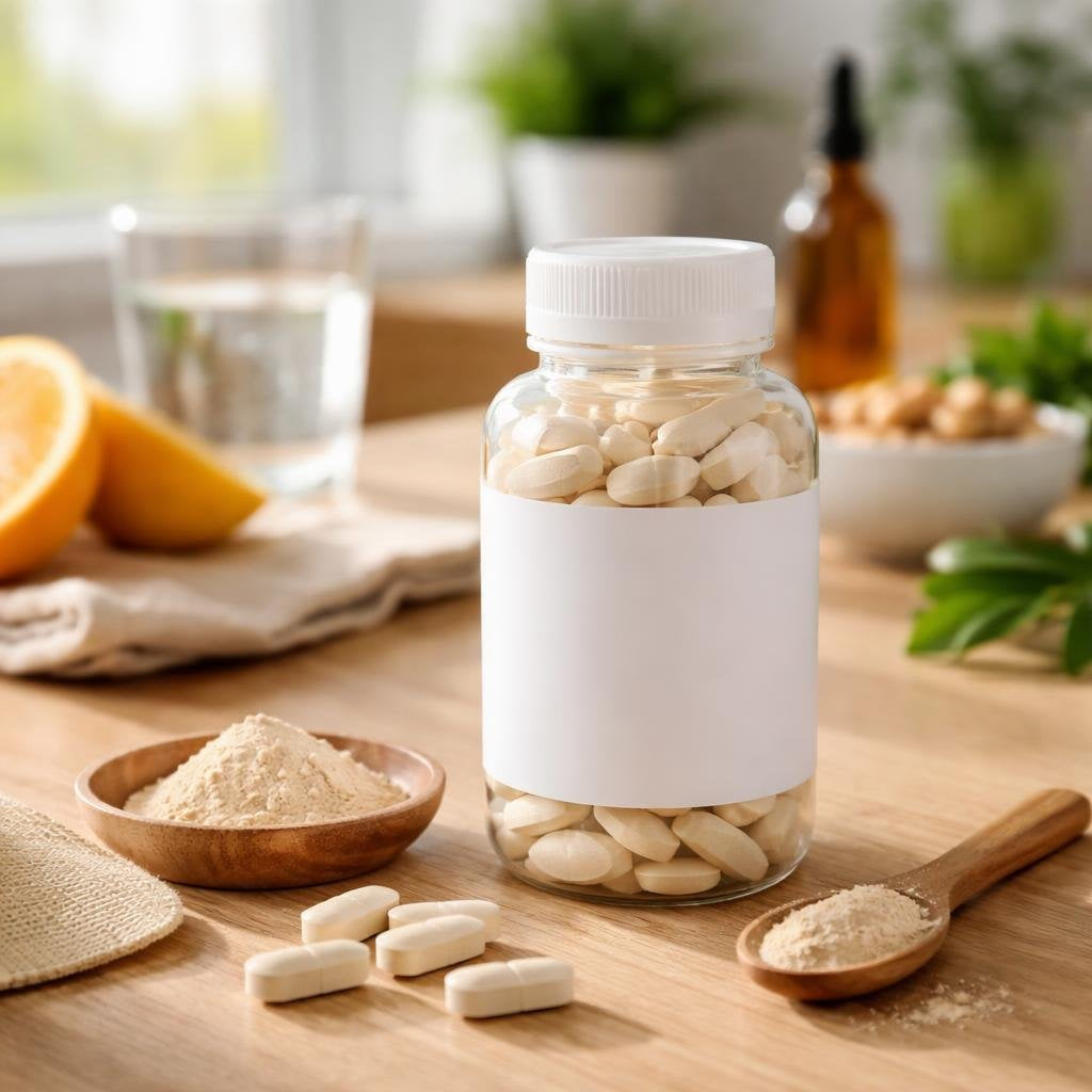 Vitamin B3 niacin supplement bottles on a bright counter