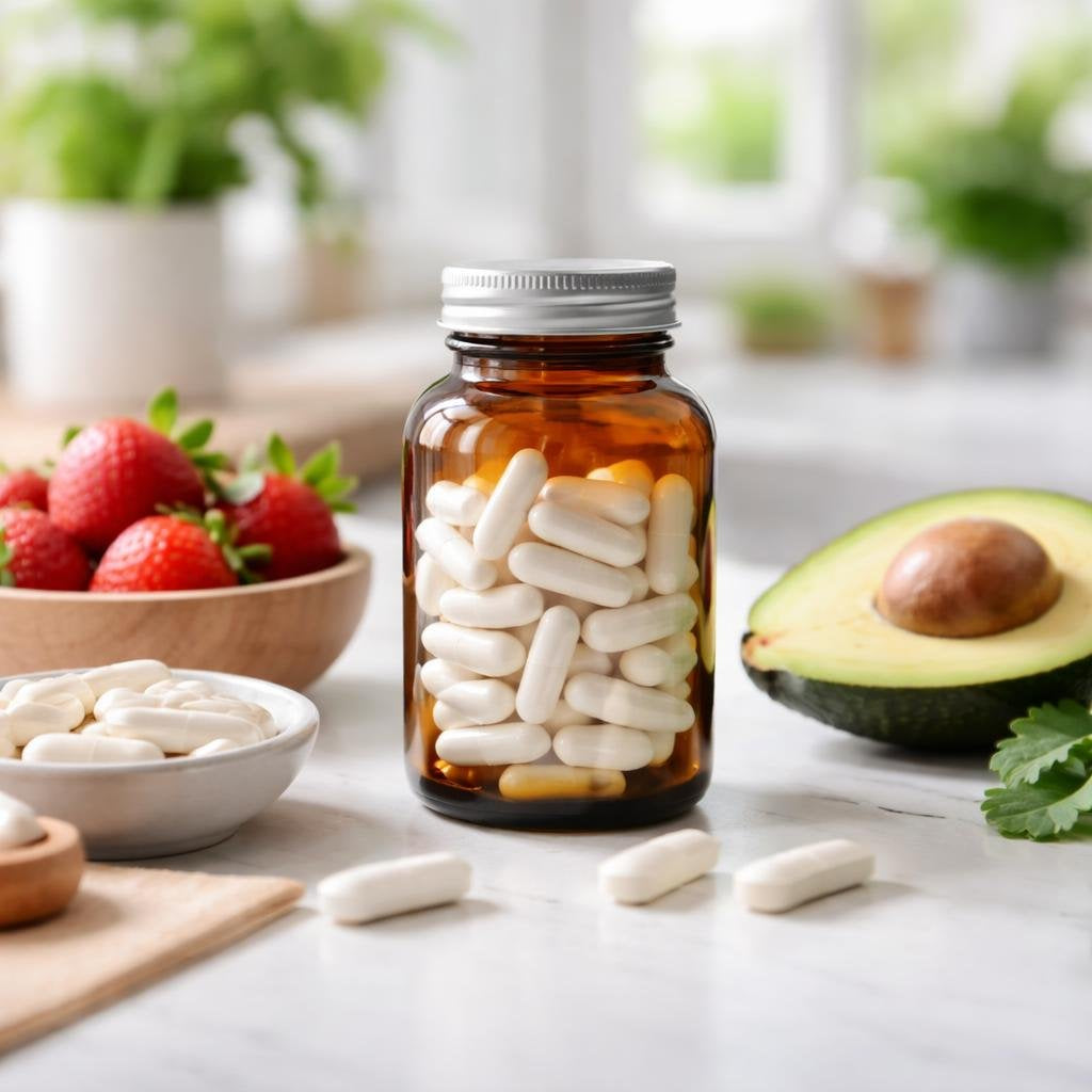 Vitamin B7 biotin supplements in bottles and capsules