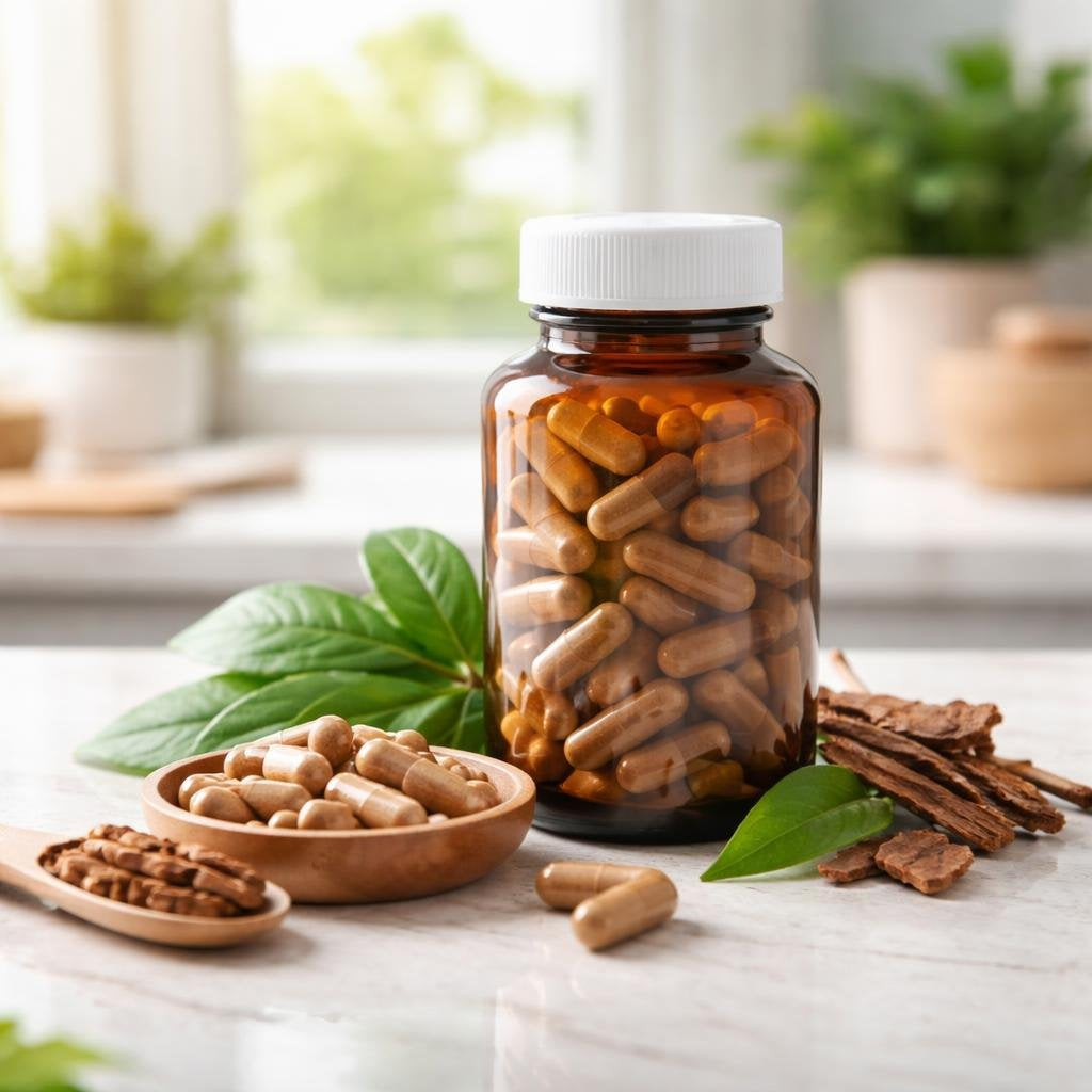Yohimbe herbal supplement bottles and capsules on shelf